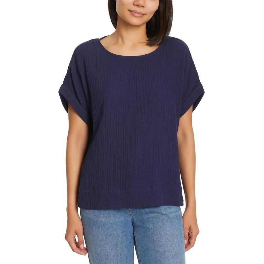 GLORIA VANDERBILT Cotton Gauze Pullover Size S Navy Blue Gauzy Shirt Blouse NWT